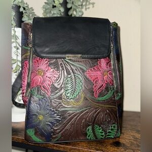 Handcrafted Floral Tooled Leather Backpack - Black Trim, Multicolor